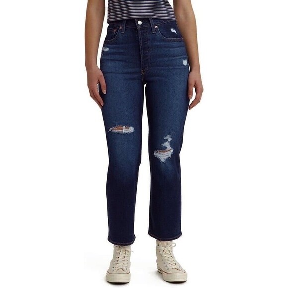 NWT $79.50 Levi's Ribcage Straight Ankle Distressed Dark Wash Jeans Women 32x27 - Picture 1 of 15